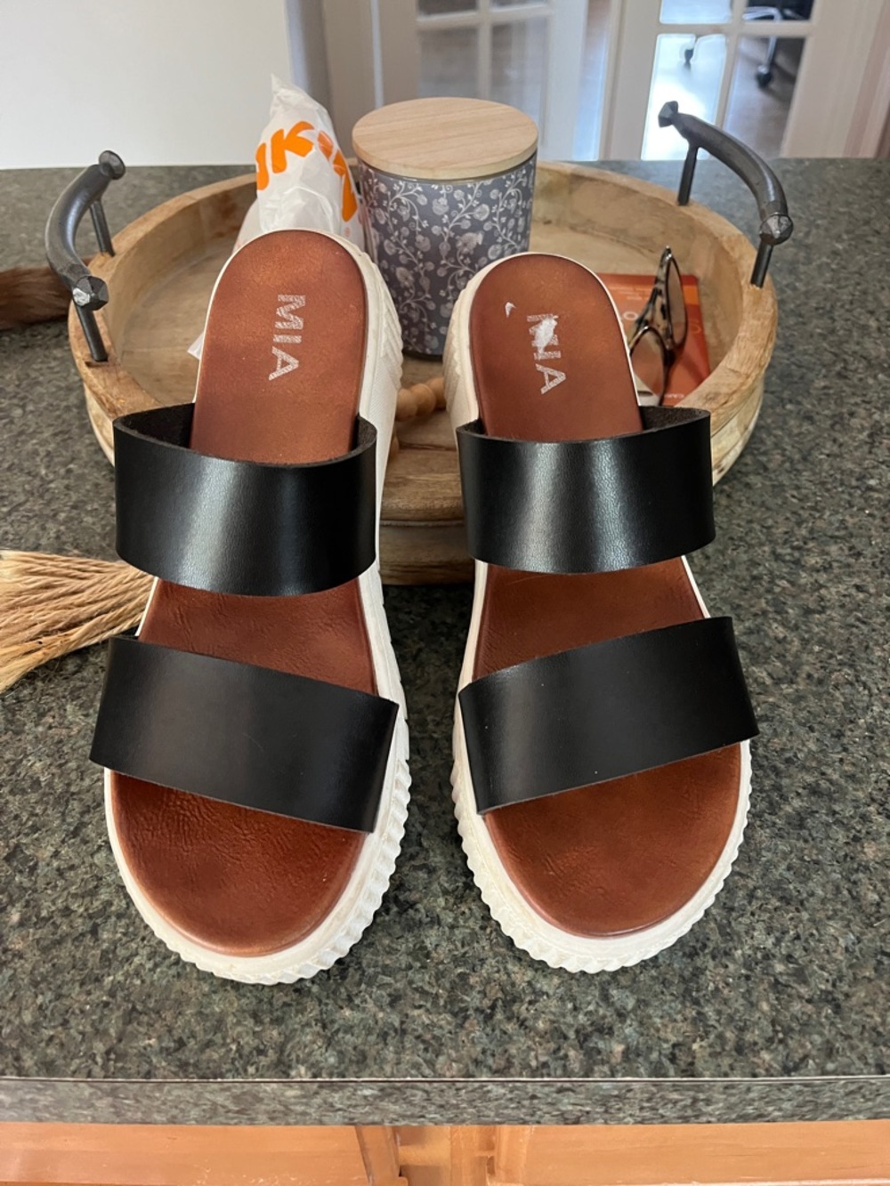 MIA Black Double-Strap Slide Sandals